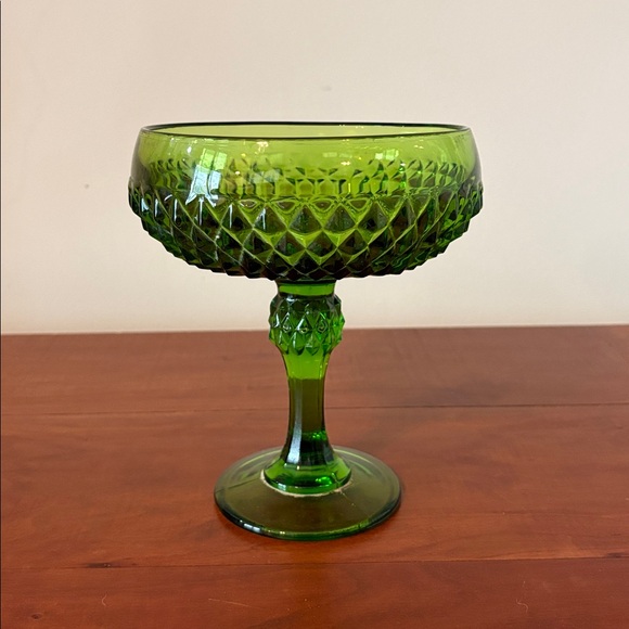 Vintage Green Pressed Glass Compote Goblet | Diamond Pattern | Retro Home Decor - Picture 2 of 5